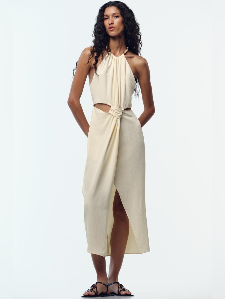 Zara Light Yellow Midi Dress W Cut-Out, Knot Detail And Beaded Halter-Neck. M